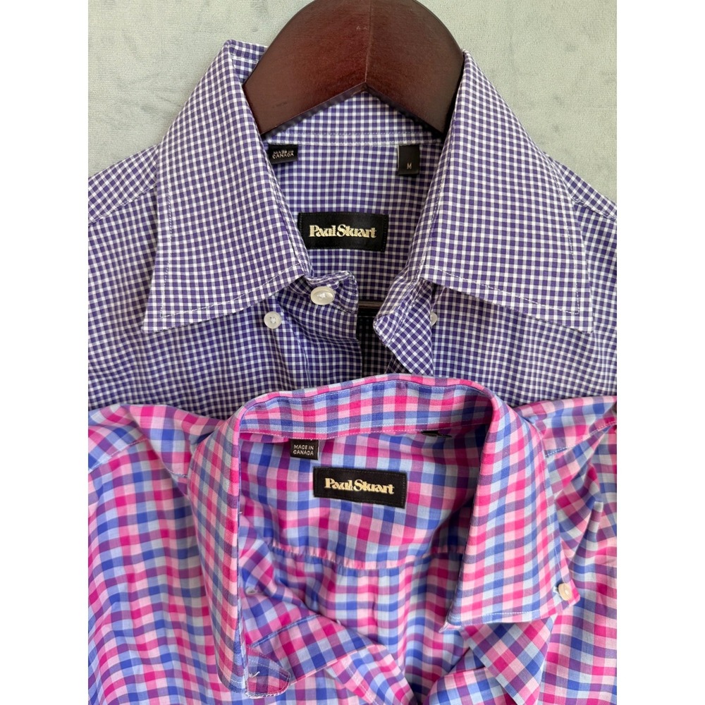Paul Stuart Gingham Check Button Down Shirt Mens M Purple Pink Blue Lot of 2